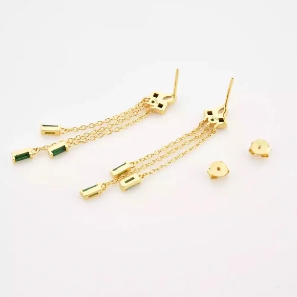 GOLD PLATED STERLING SILVER ART DECO MID CENTURY MODERN EMERALD ONYX DANGLE - Picture 9 of 10